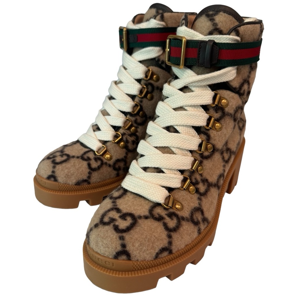 Gucci Beige Brown Monogram Wool Combat Boots with Green/Red Strap